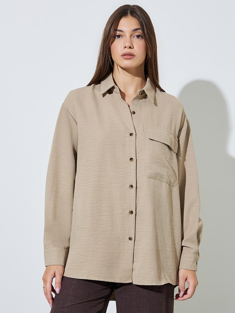 BeigeTextured Pocket Detail Button-Up Overshirt
