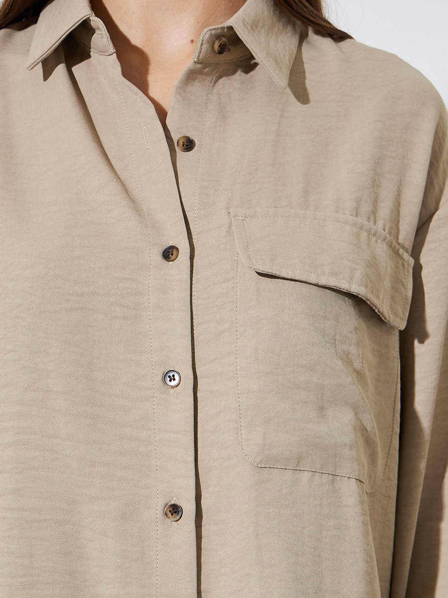 BeigeTextured Pocket Detail Button-Up Overshirt