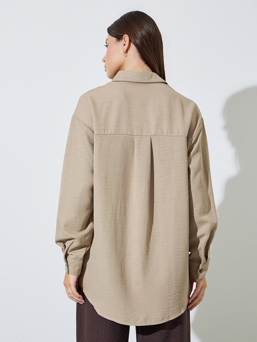 BeigeTextured Pocket Detail Button-Up Overshirt