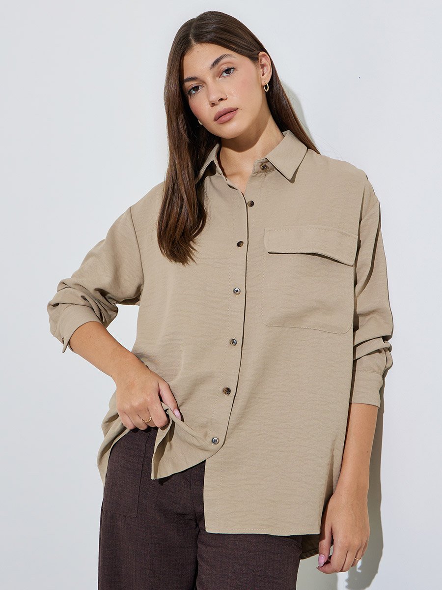 BeigeTextured Pocket Detail Button-Up Overshirt