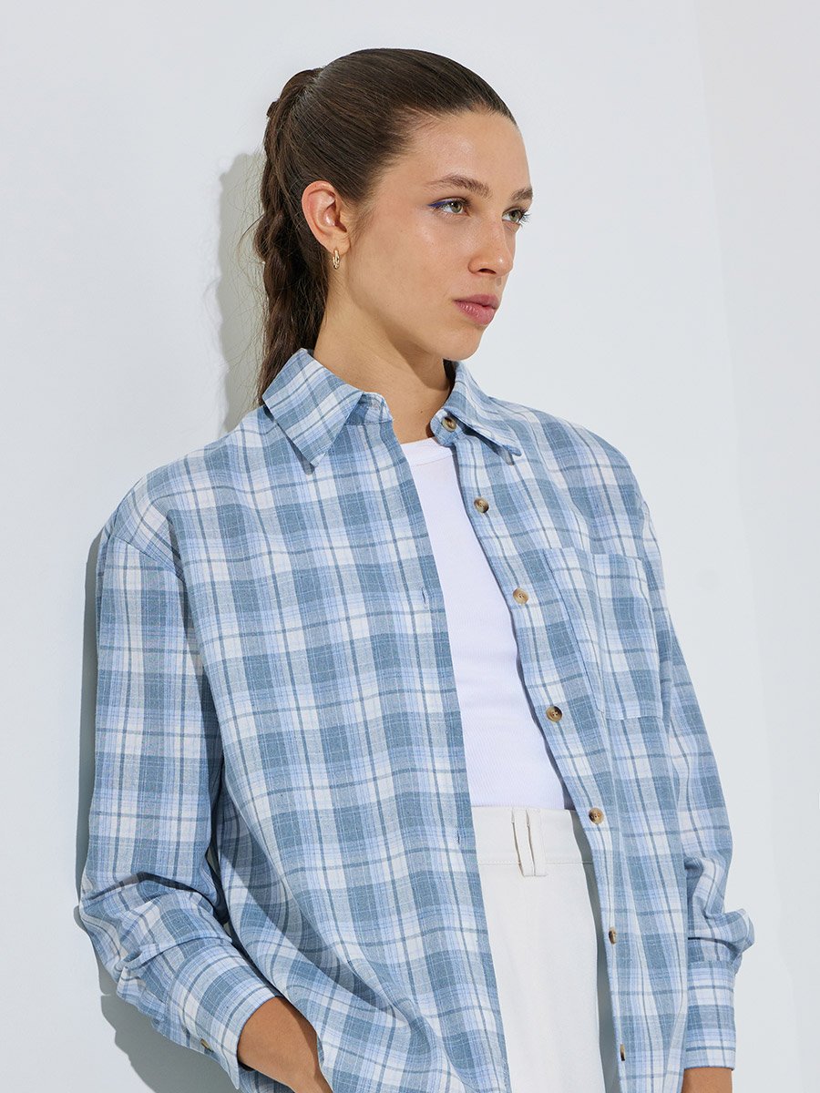 Light Blue Longline Plaid Oversized Shirt