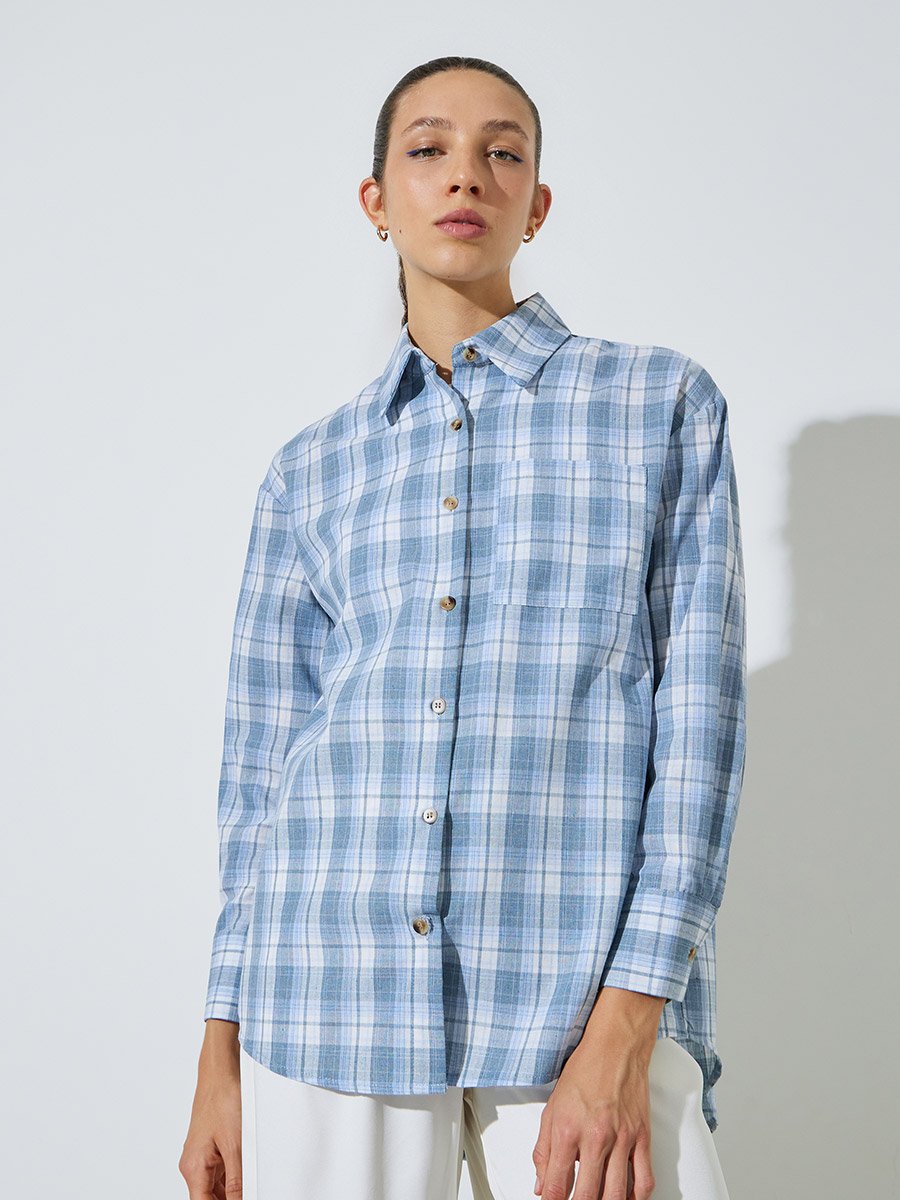 Light Blue Longline Plaid Oversized Shirt