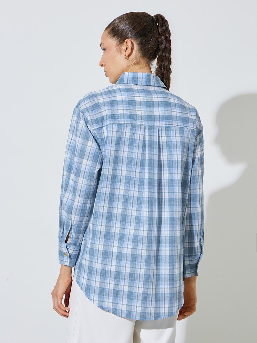 Light Blue Longline Plaid Oversized Shirt