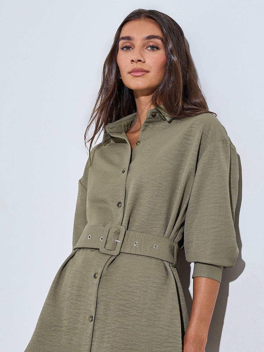 Olive Textured Belted Overshirt