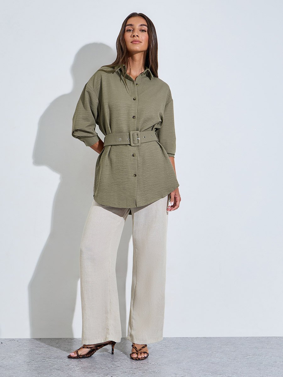 Olive Textured Belted Overshirt