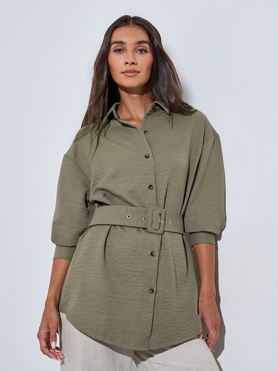 Olive Textured Belted Overshirt