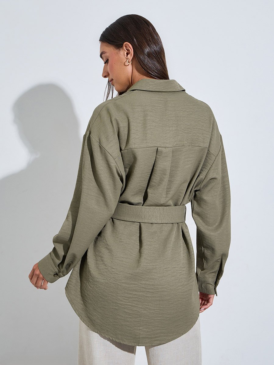 Olive Textured Belted Overshirt