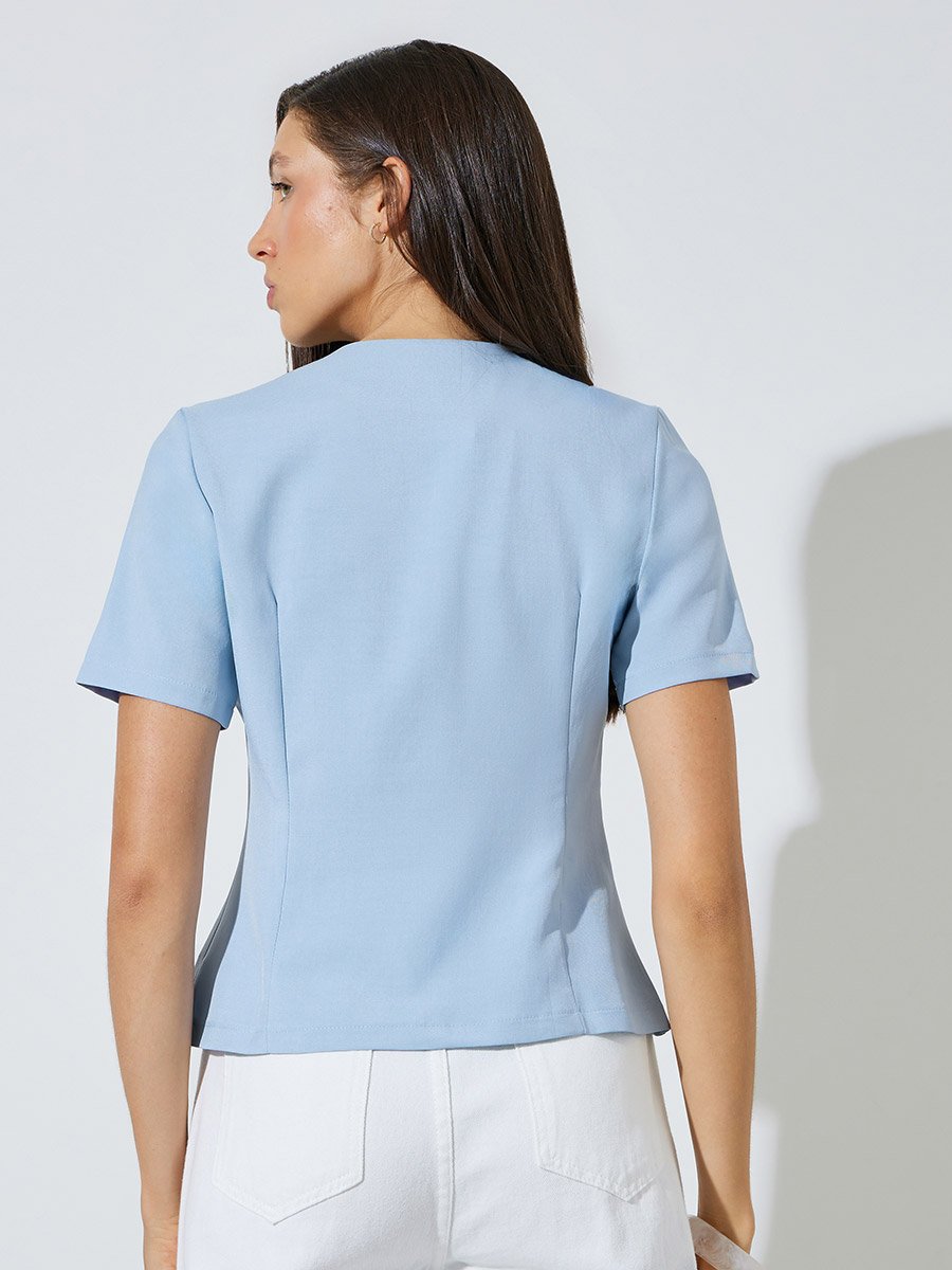 Light Blue Short Sleeve Button-Front Blouse