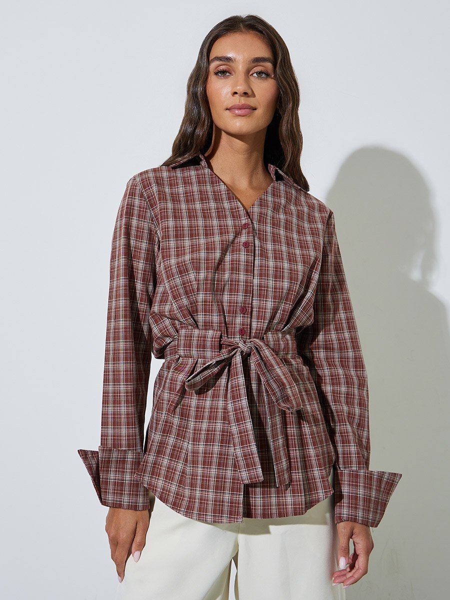 بلوزة صدئي أكمام طويلة بنمط كاروهات برباط على الخصر