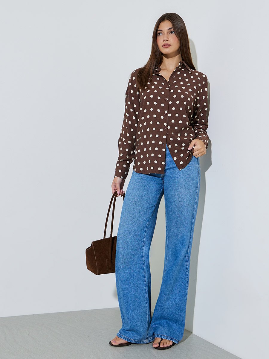 Brown Polka Dot Long Sleeve Regular Fit Shirt