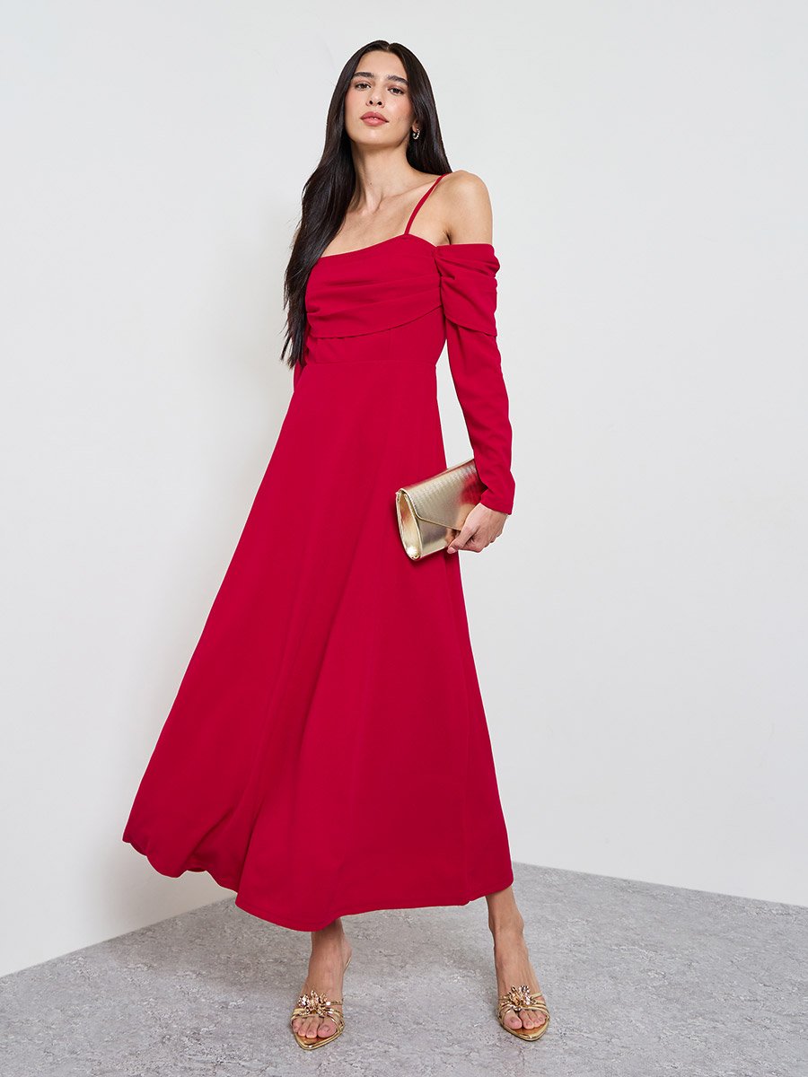 Red Cold Shoulder A-Line Maxi Dress
