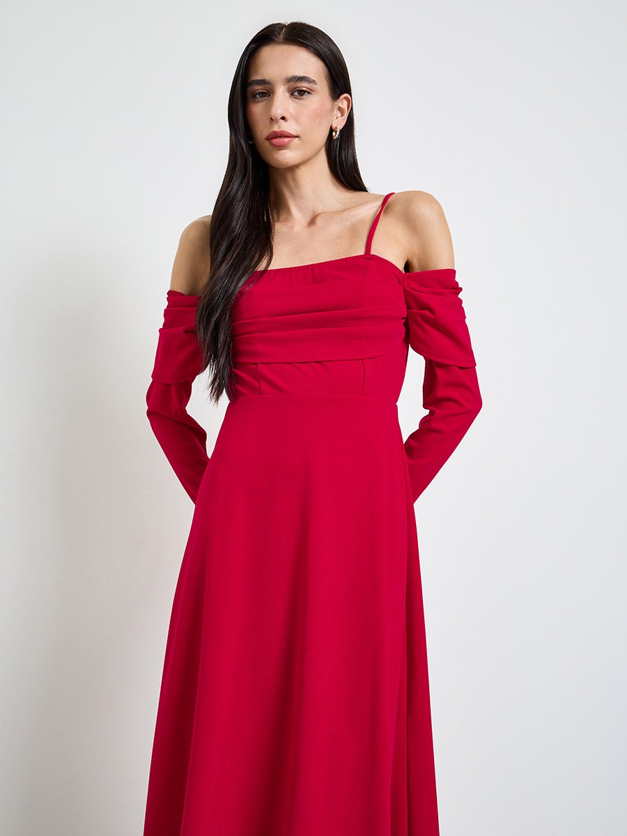 Red Cold Shoulder A-Line Maxi Dress
