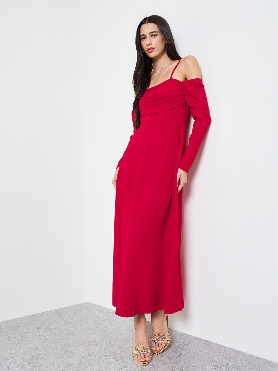 Red Cold Shoulder A-Line Maxi Dress