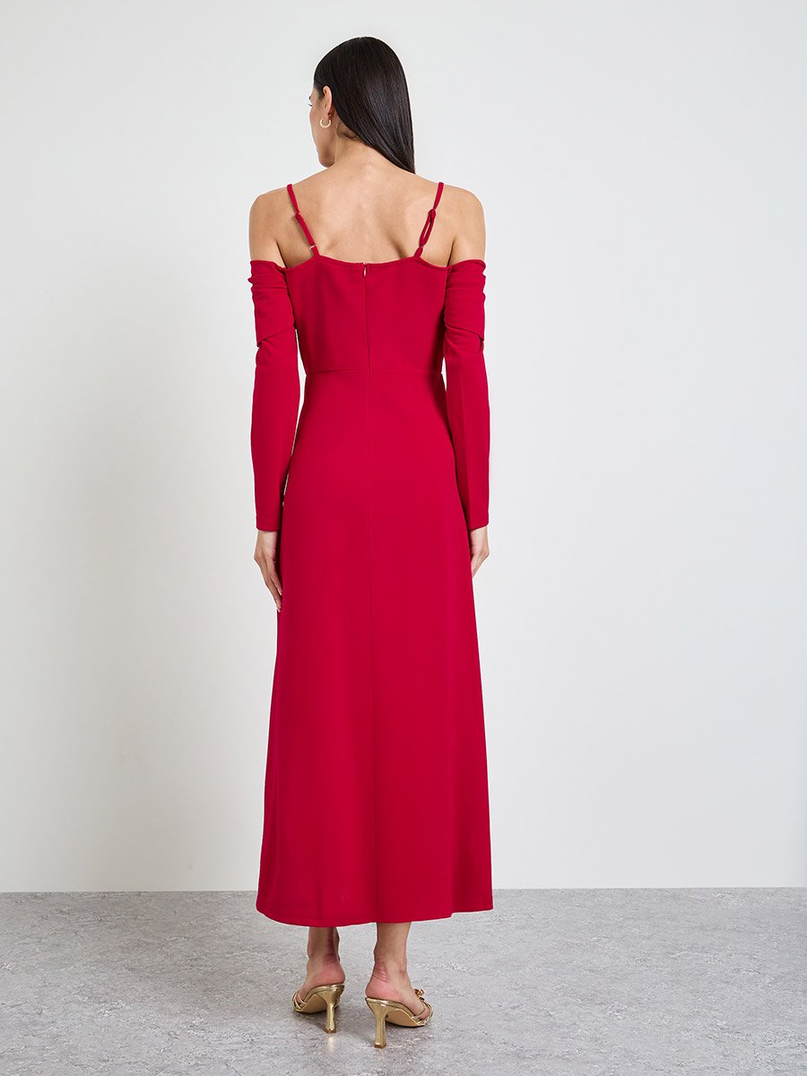 Red Cold Shoulder A-Line Maxi Dress