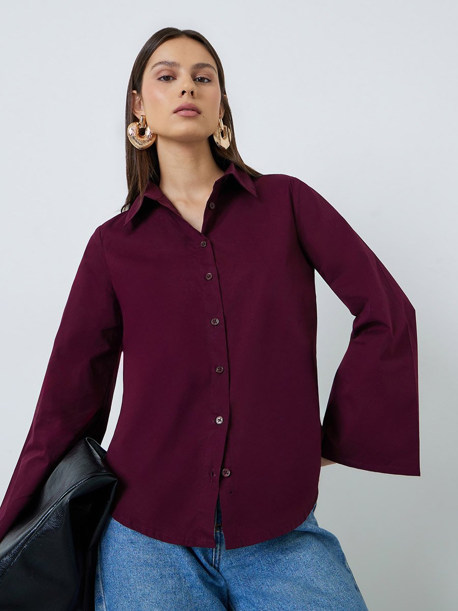 Burgundy Regular Fit Shirt with Flare Sleeves