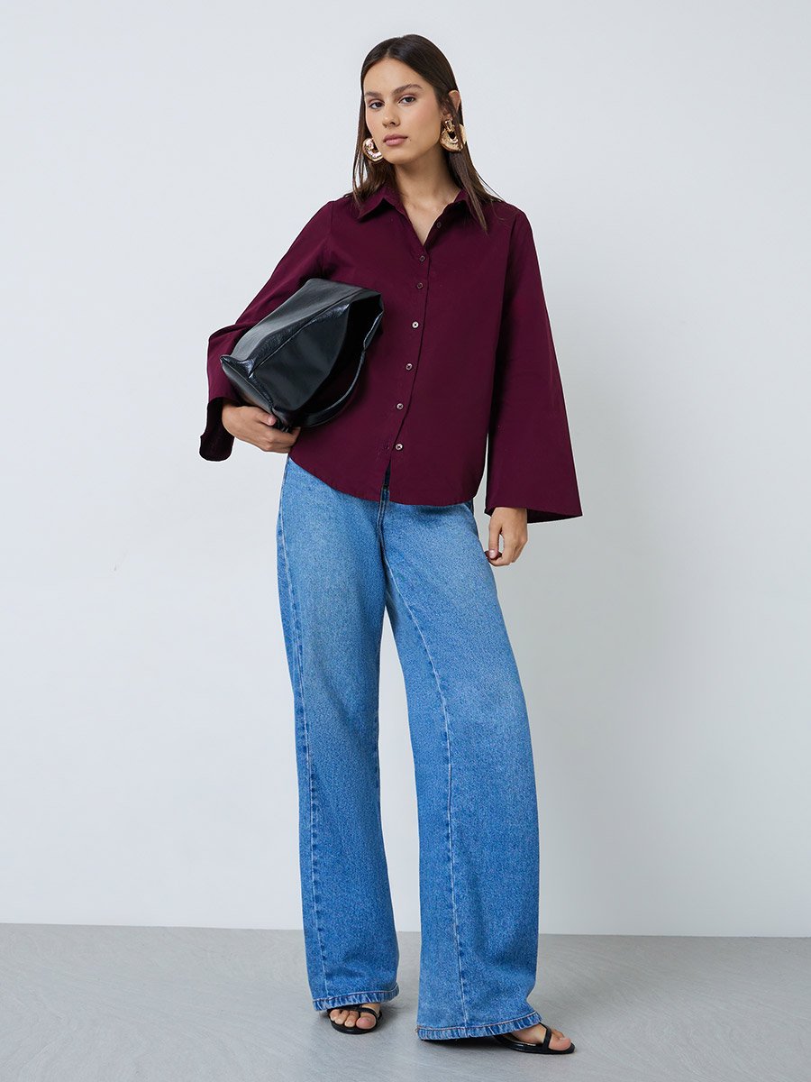 Burgundy Regular Fit Shirt with Flare Sleeves