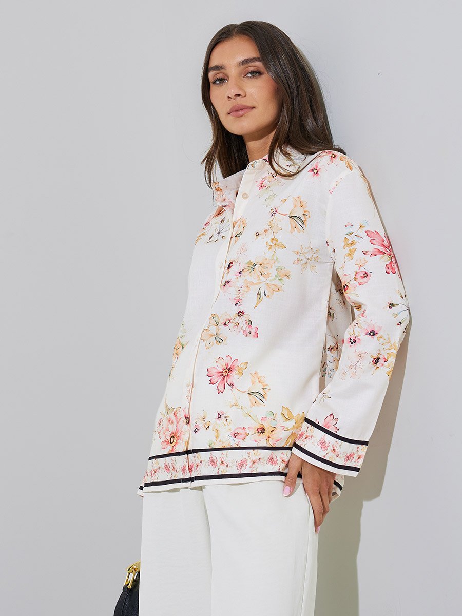 Off White Floral Print Long Sleeves Oversized Shirt