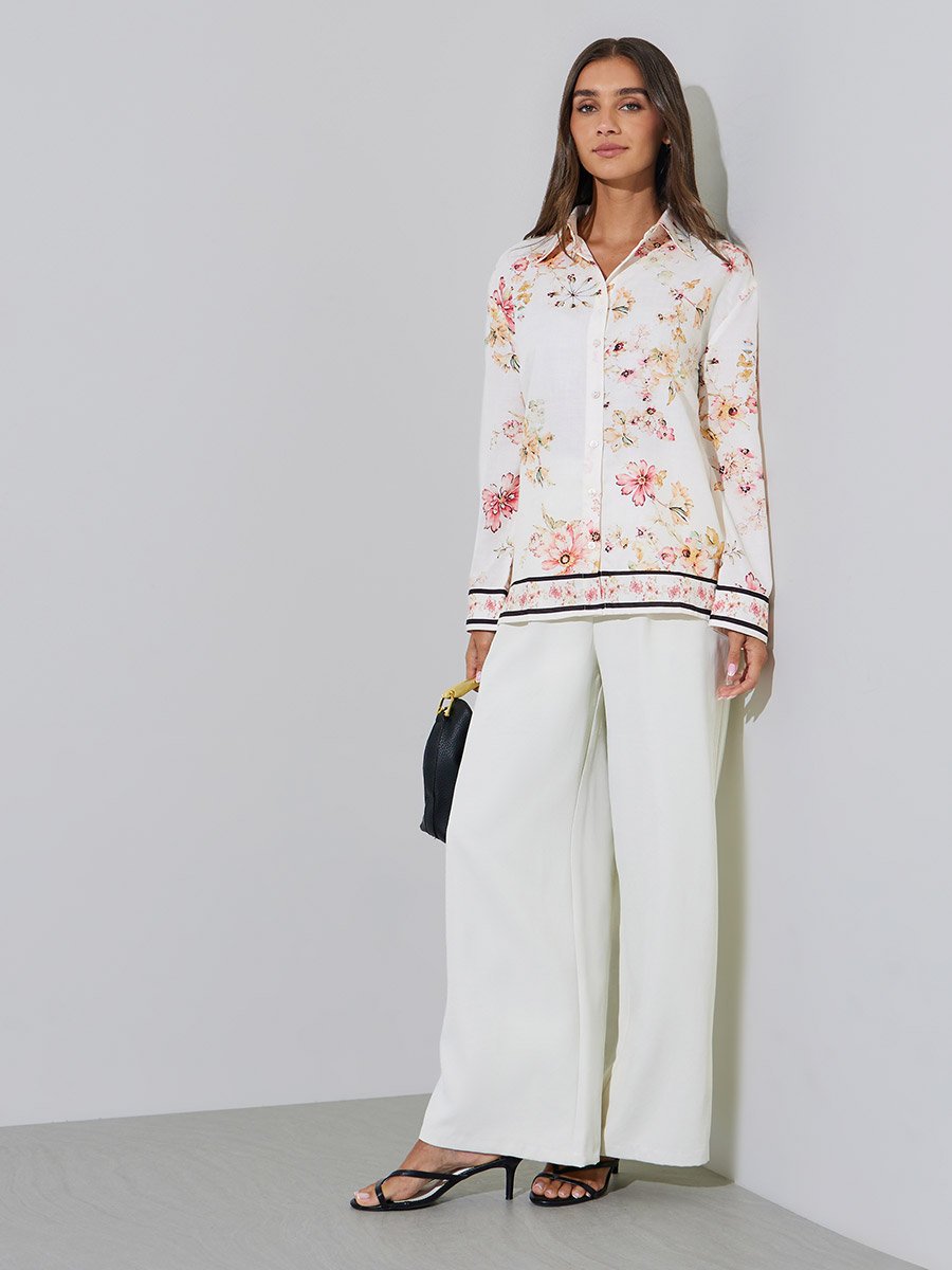 Off White Floral Print Long Sleeves Oversized Shirt