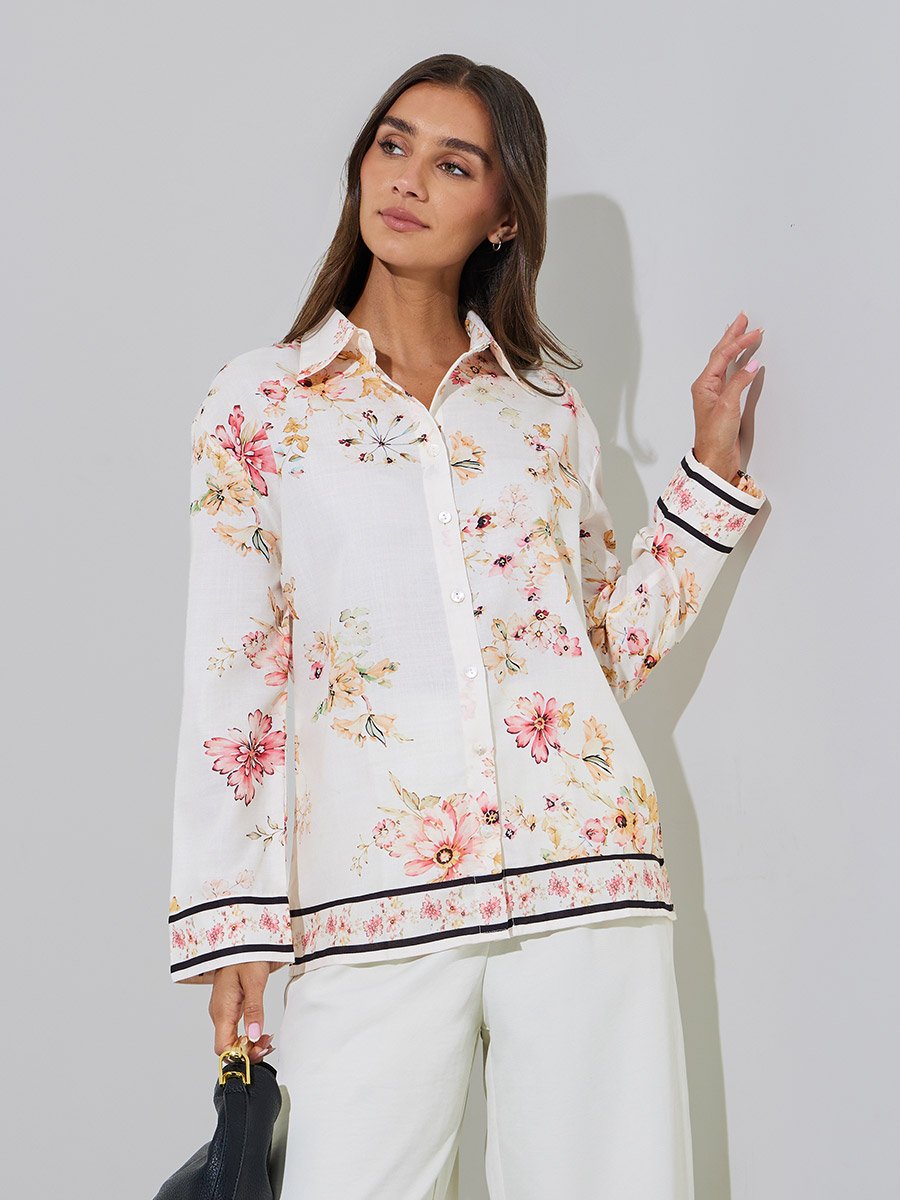 Off White Floral Print Long Sleeves Oversized Shirt