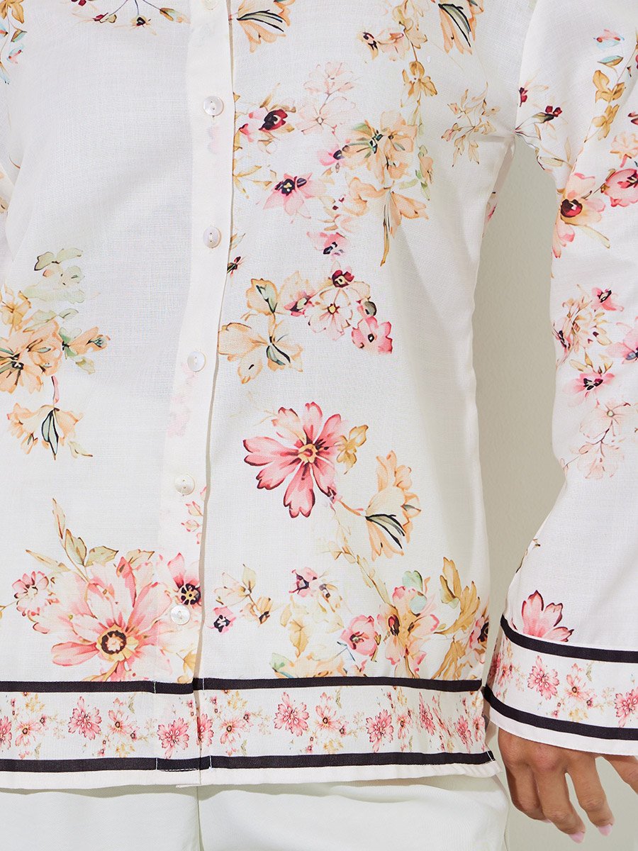 Off White Floral Print Long Sleeves Oversized Shirt