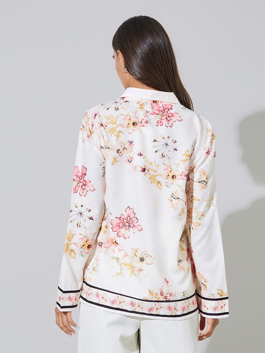 Off White Floral Print Long Sleeves Oversized Shirt