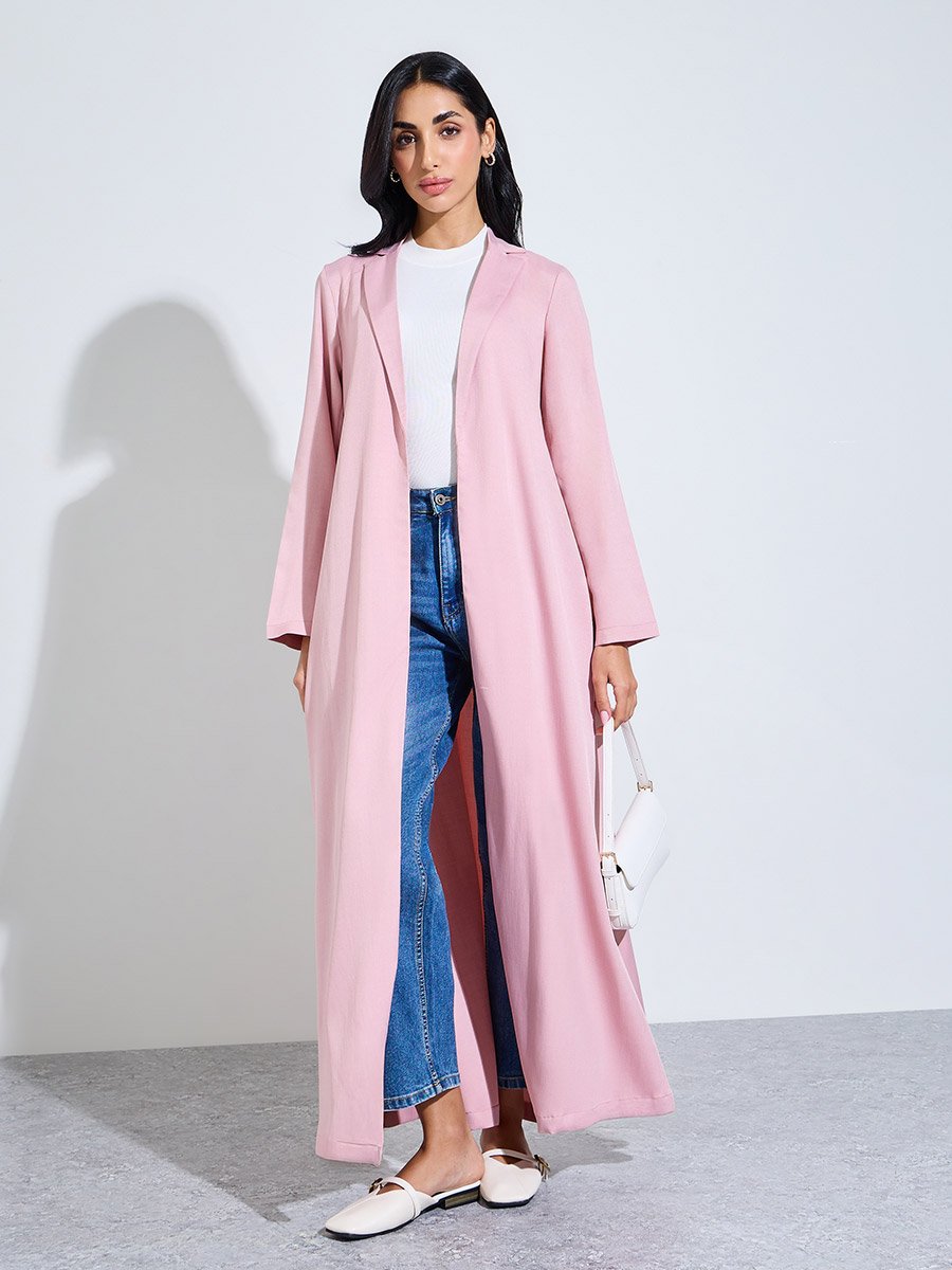 Pink Front Open Abaya with Notch Lapel