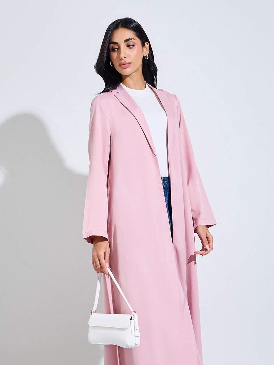 Pink Front Open Abaya with Notch Lapel