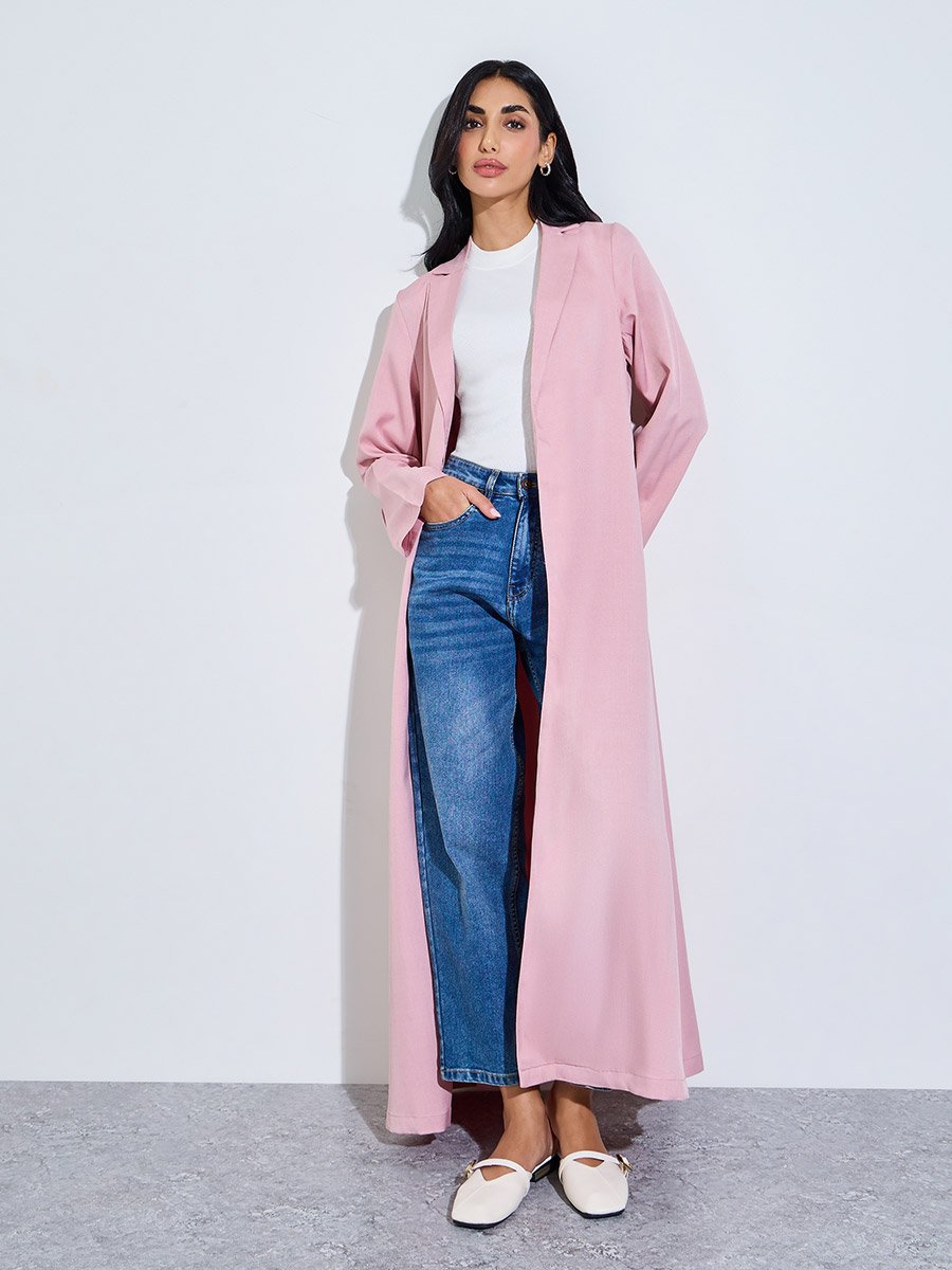 Pink Front Open Abaya with Notch Lapel