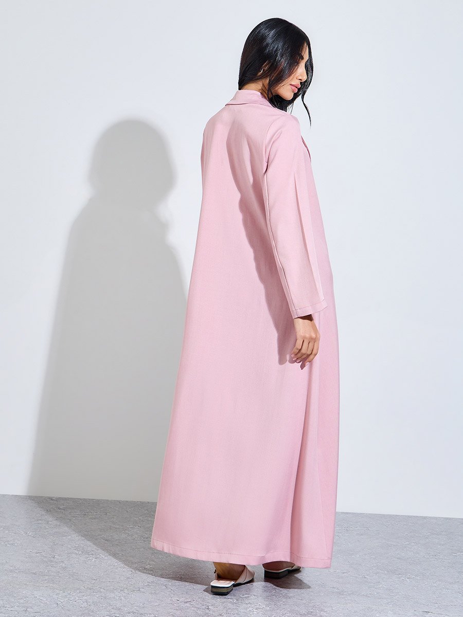 Pink Front Open Abaya with Notch Lapel