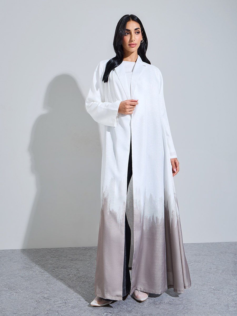 White Front Open Ombre Placement Print Abaya