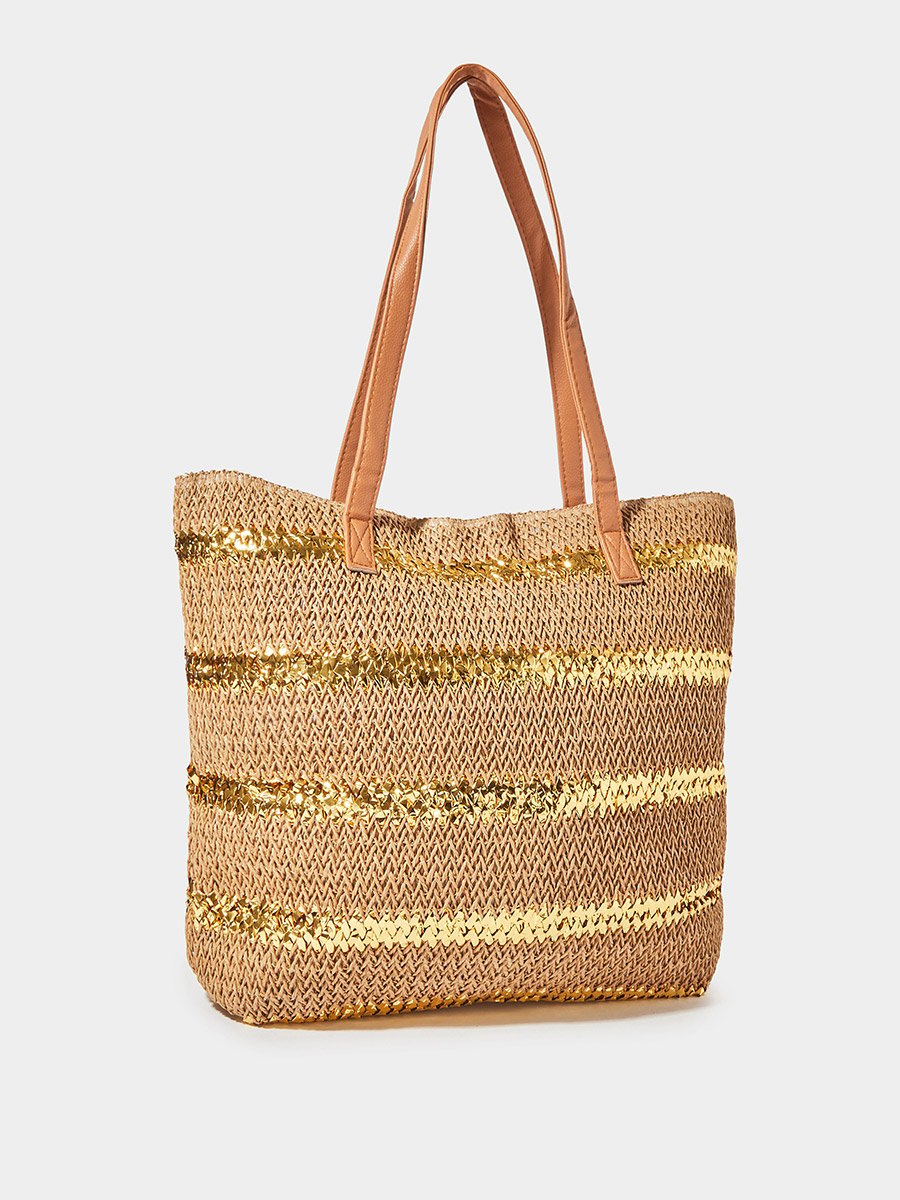 Brown Patterned Striped Tote Bag
