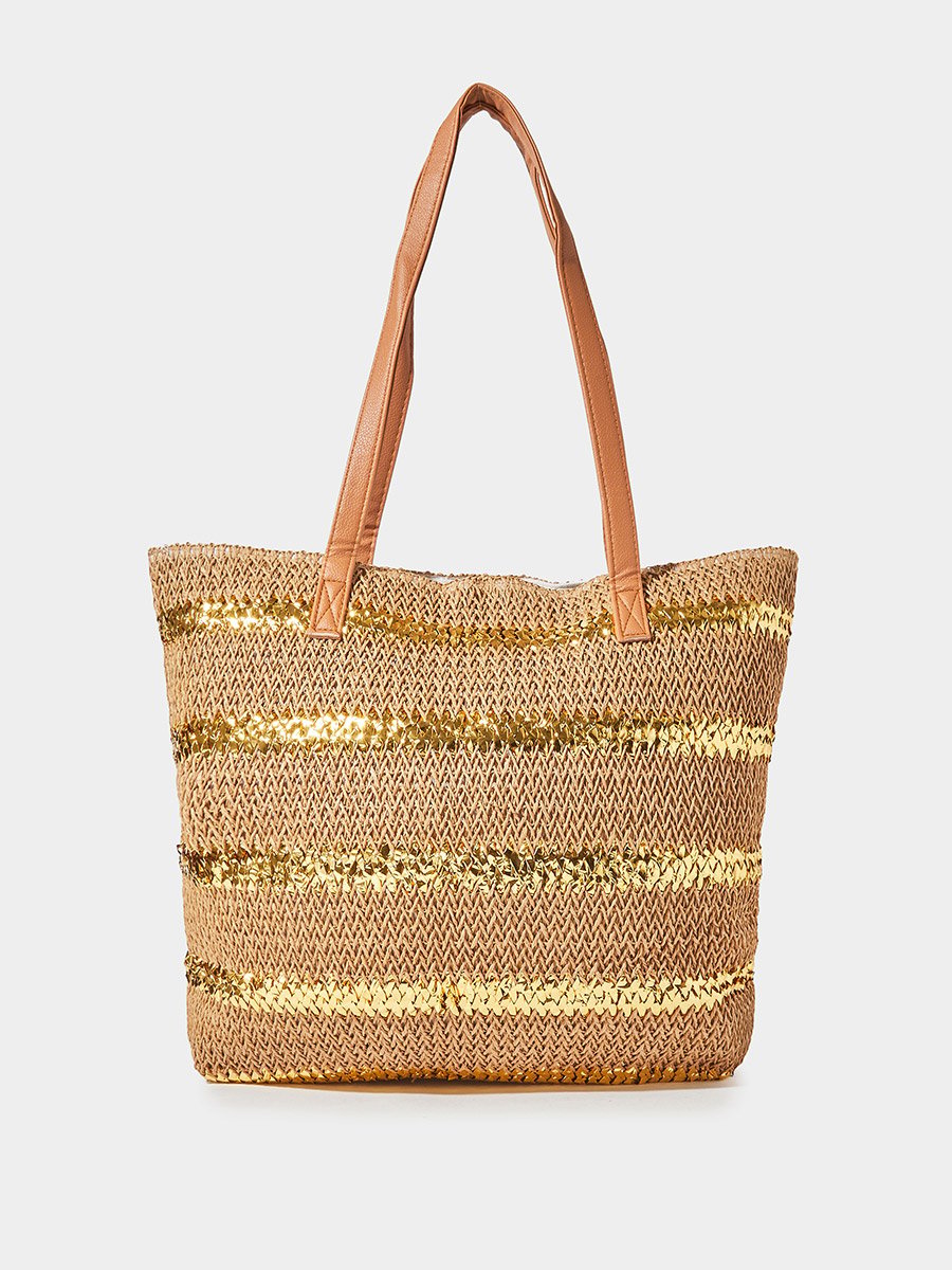 Brown Patterned Striped Tote Bag