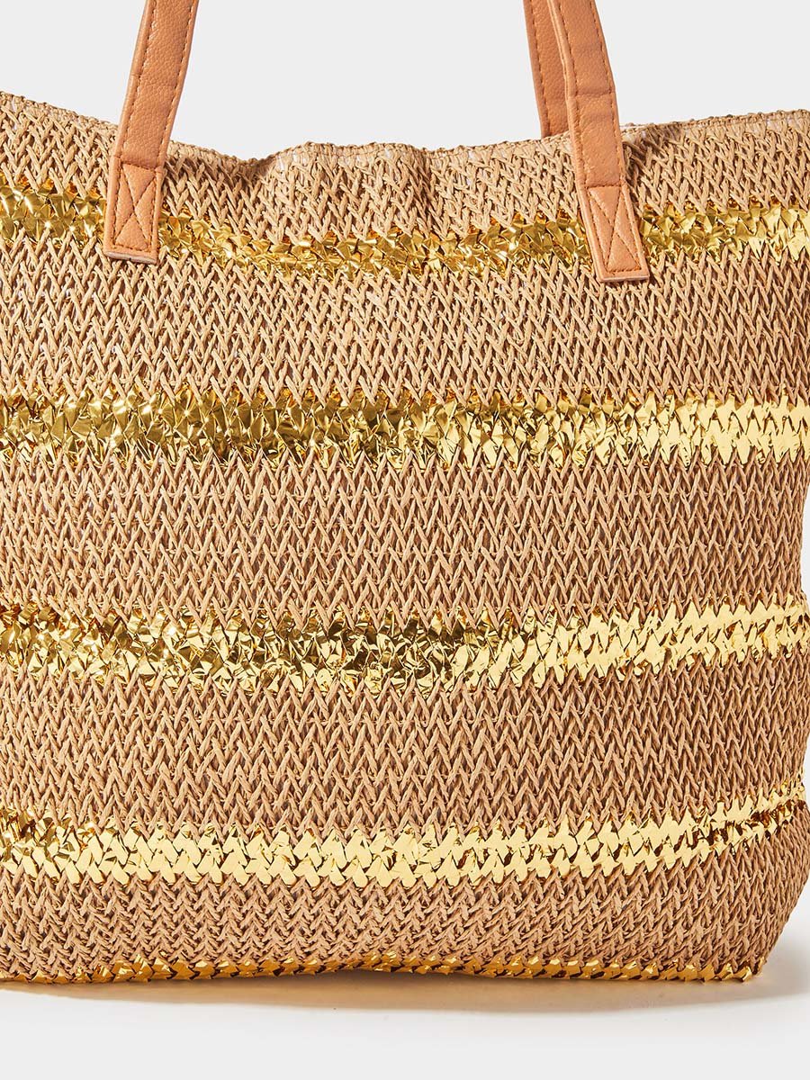 Brown Patterned Striped Tote Bag