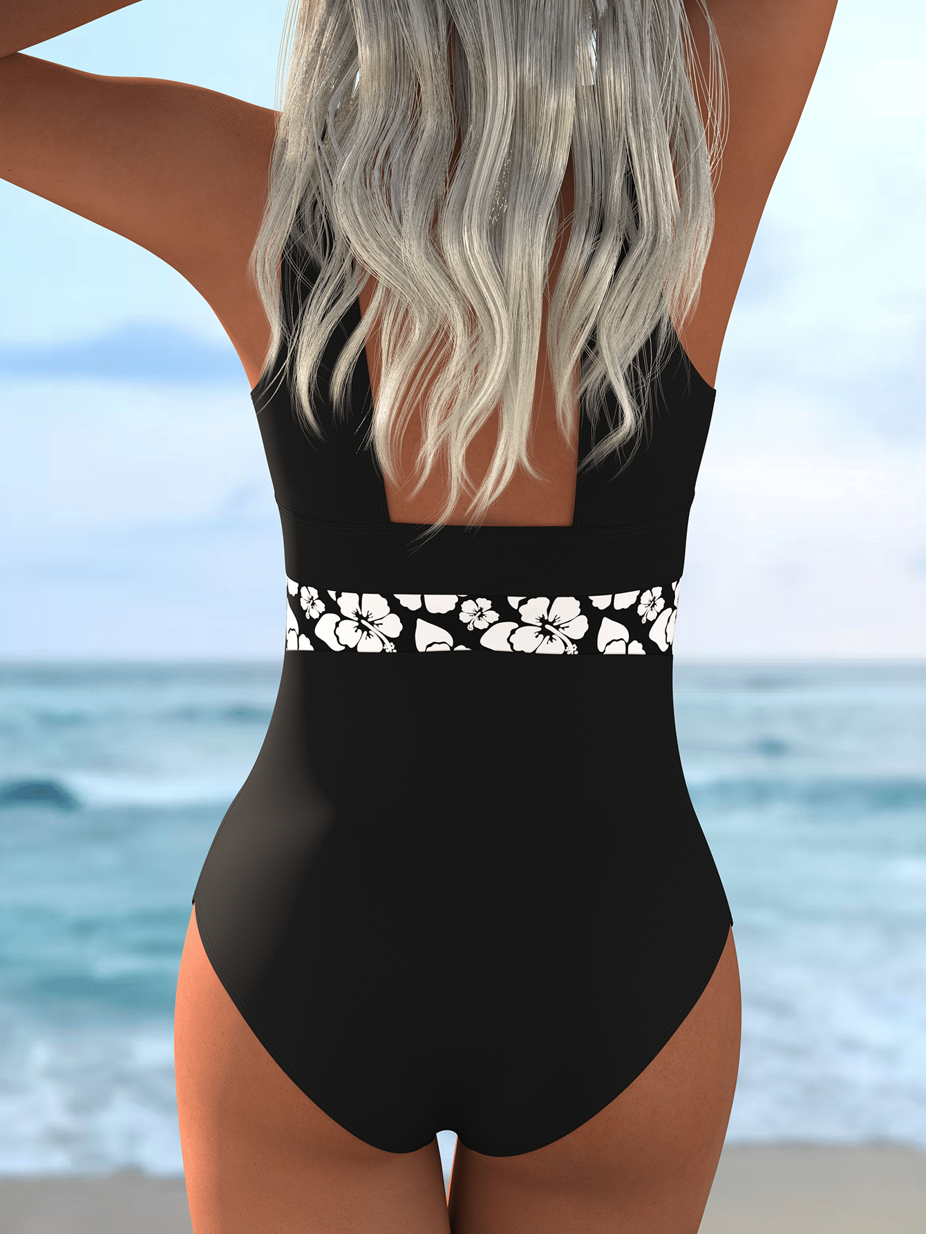 بدلة سباحة قطعة واحدة بطبعة زهور باللون الأسود