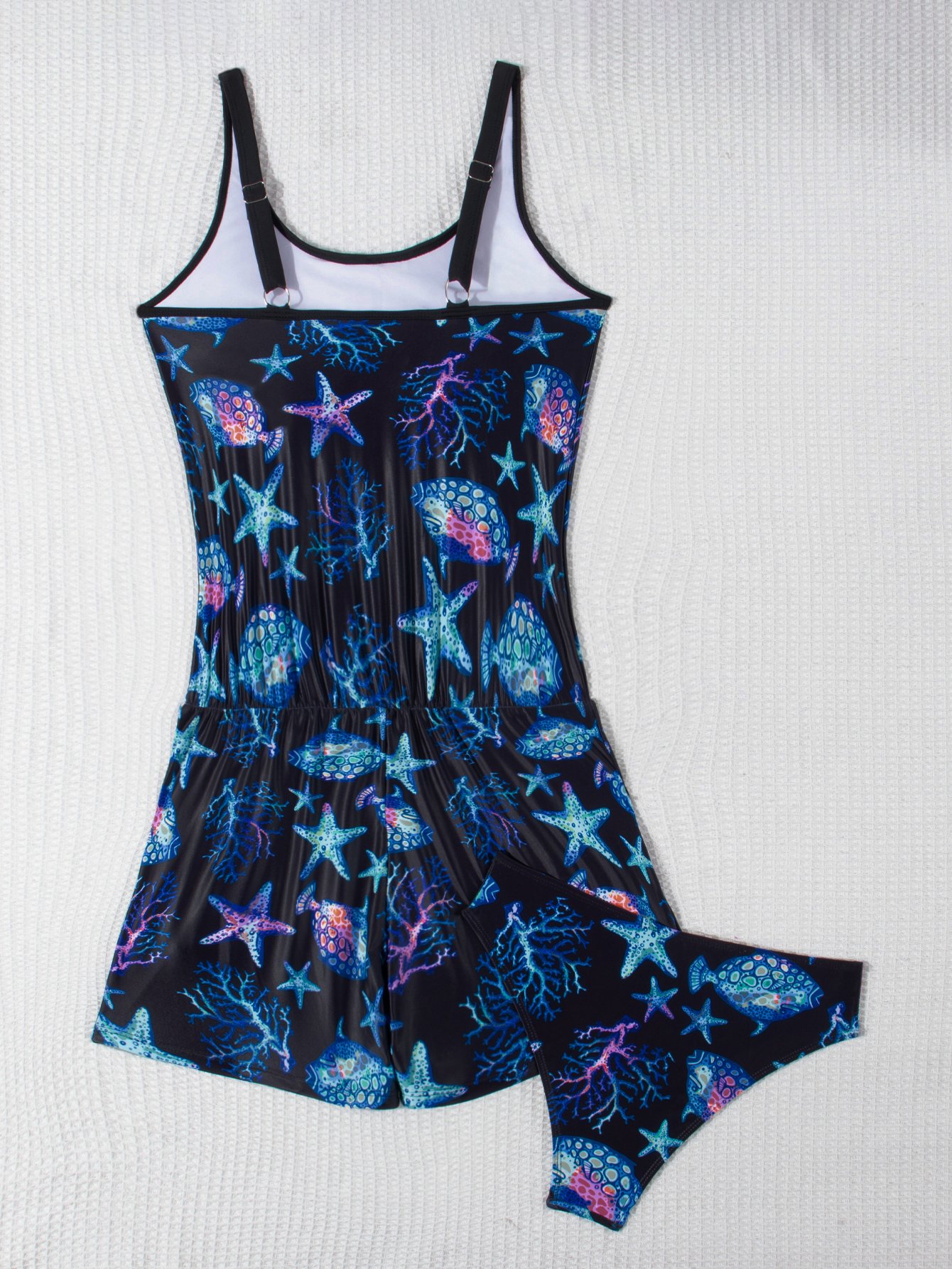 Multi-Color Ocean Print Round Neck Short Swimsuit