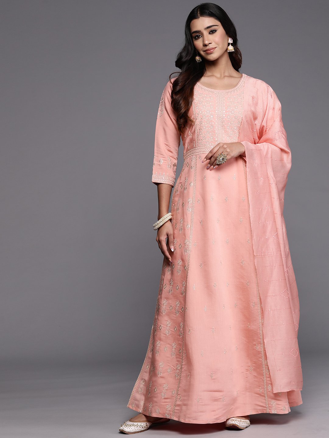 Pink Embroidered Silk Blend A-Line Kurta, Trousers and Dupatta Set