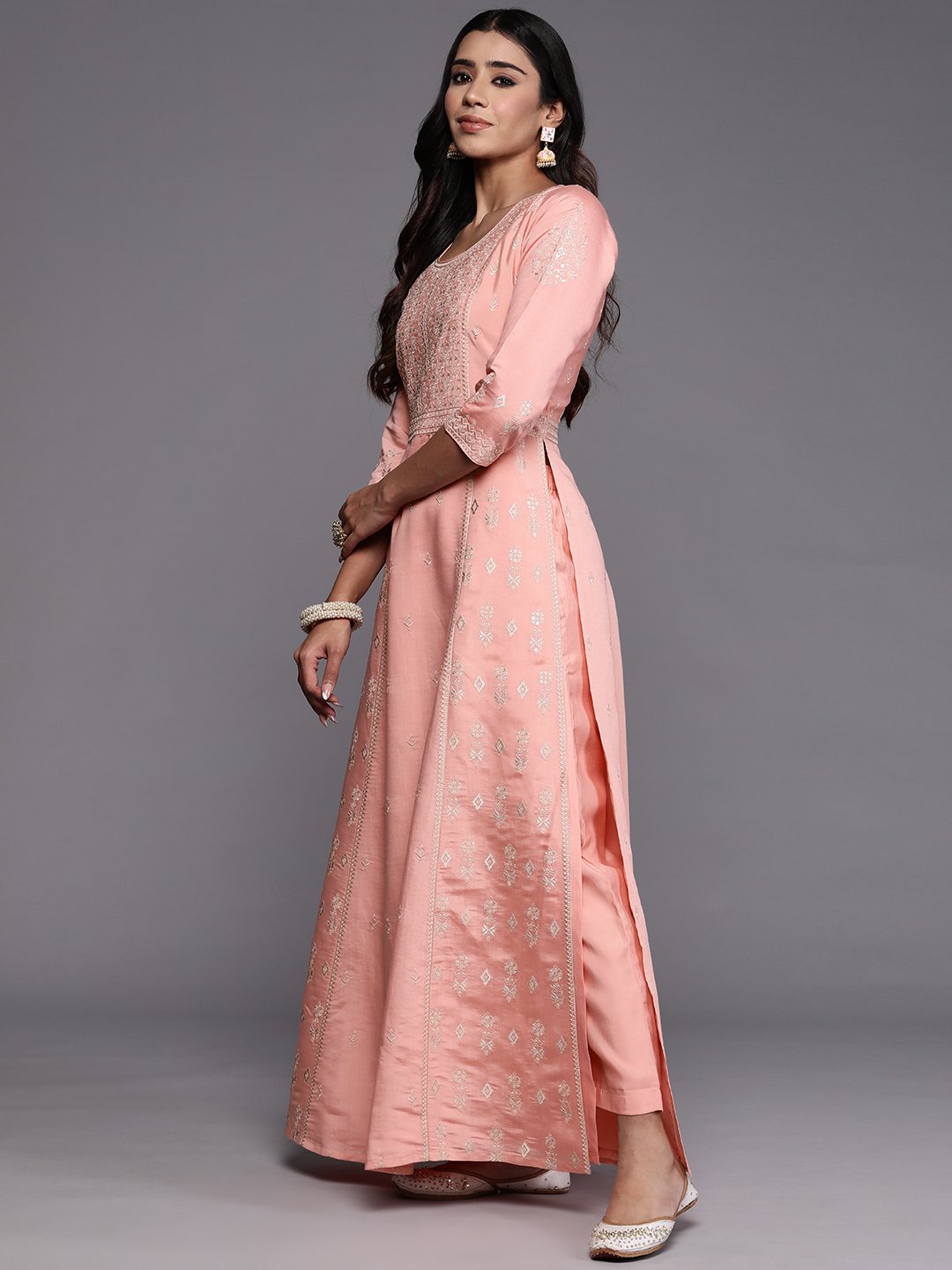Pink Embroidered Silk Blend A-Line Kurta, Trousers and Dupatta Set