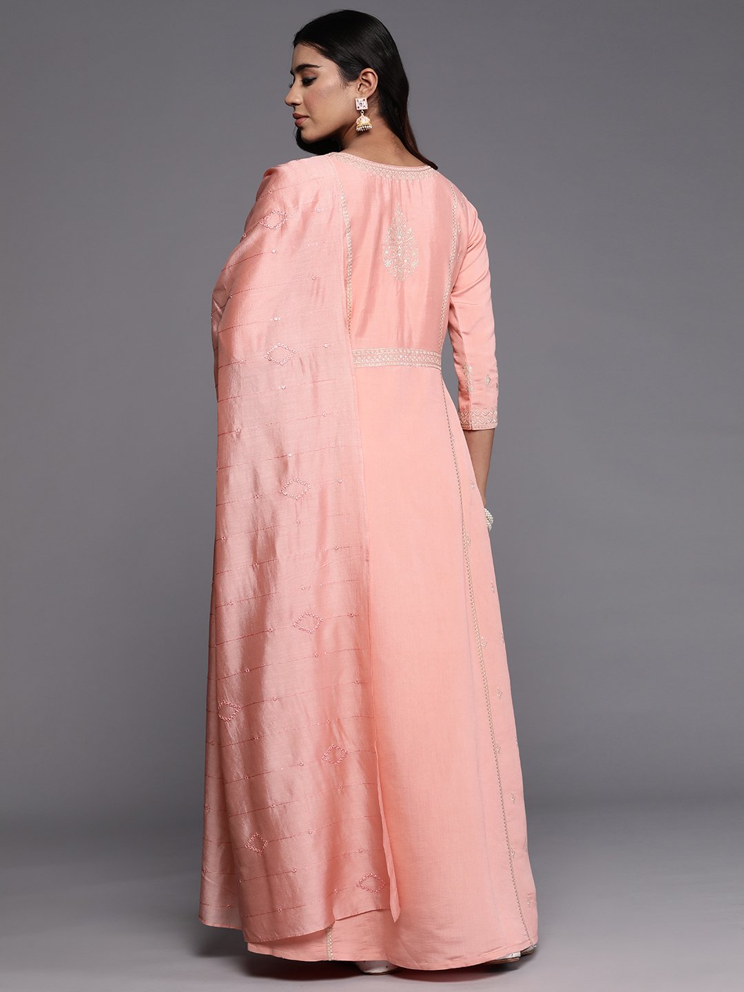 Pink Embroidered Silk Blend A-Line Kurta, Trousers and Dupatta Set