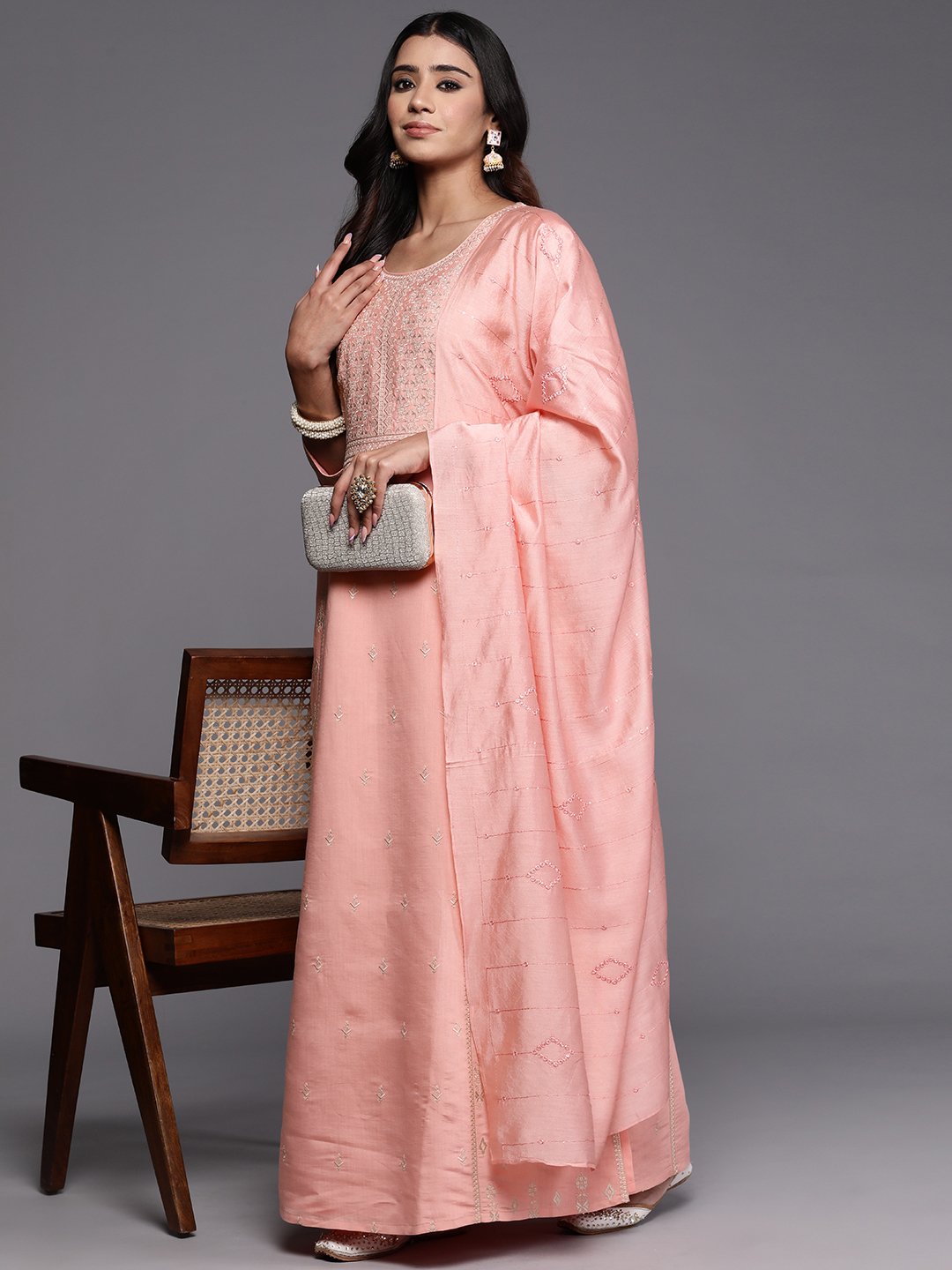 Pink Embroidered Silk Blend A-Line Kurta, Trousers and Dupatta Set