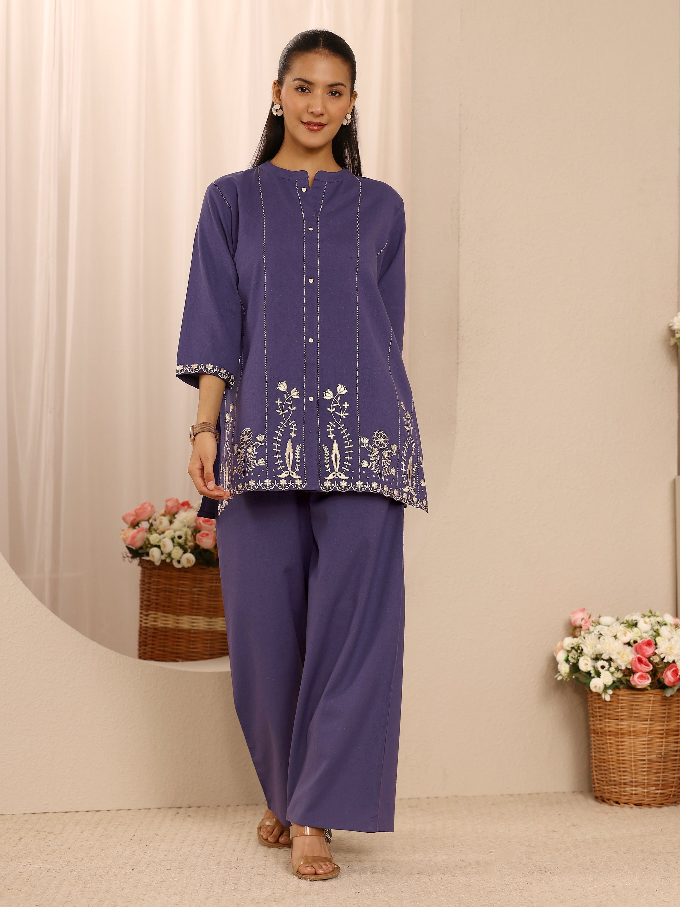 Purple Cotton Blend Embroidered Co-Ord Set