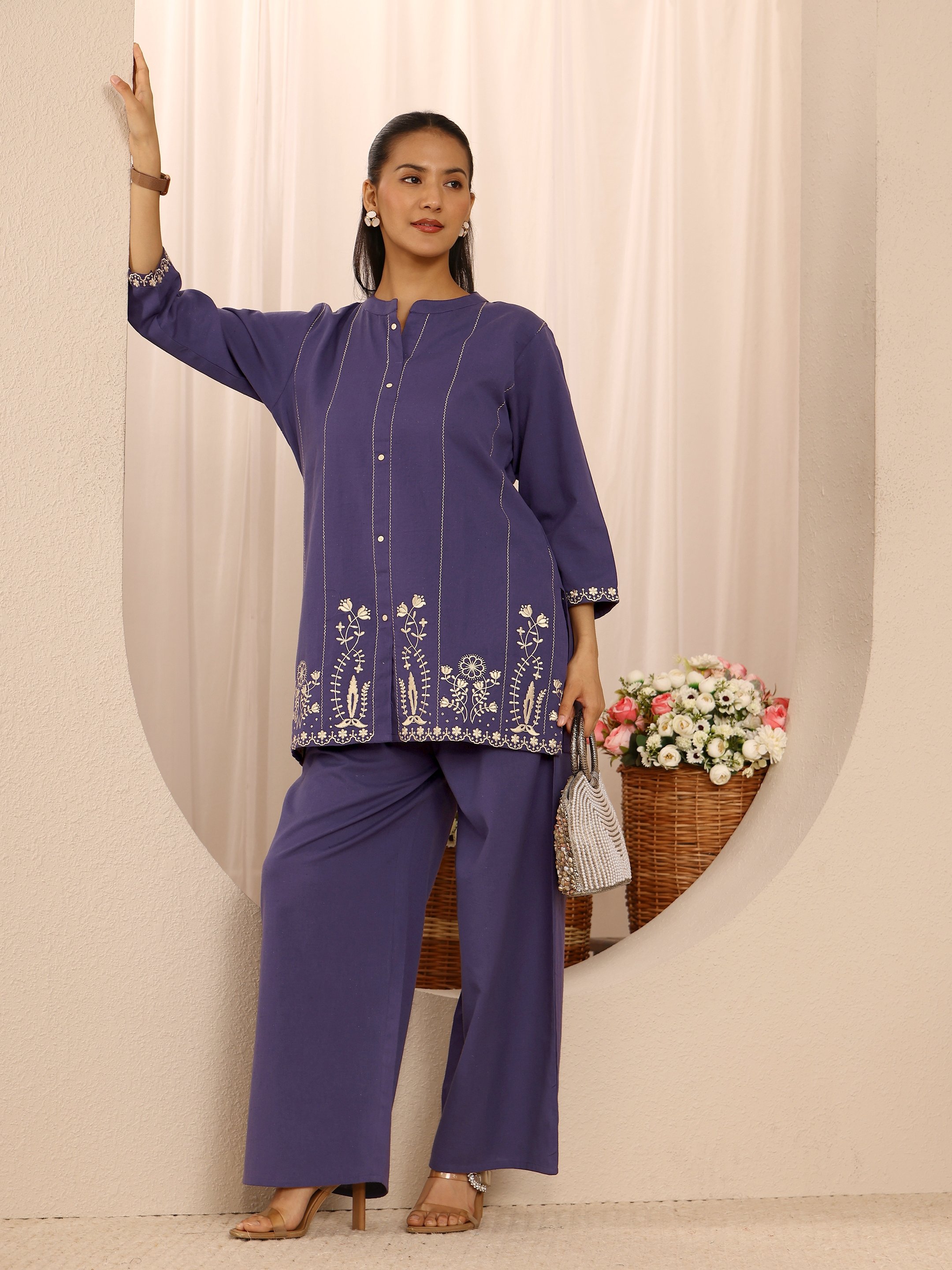 Purple Cotton Blend Embroidered Co-Ord Set