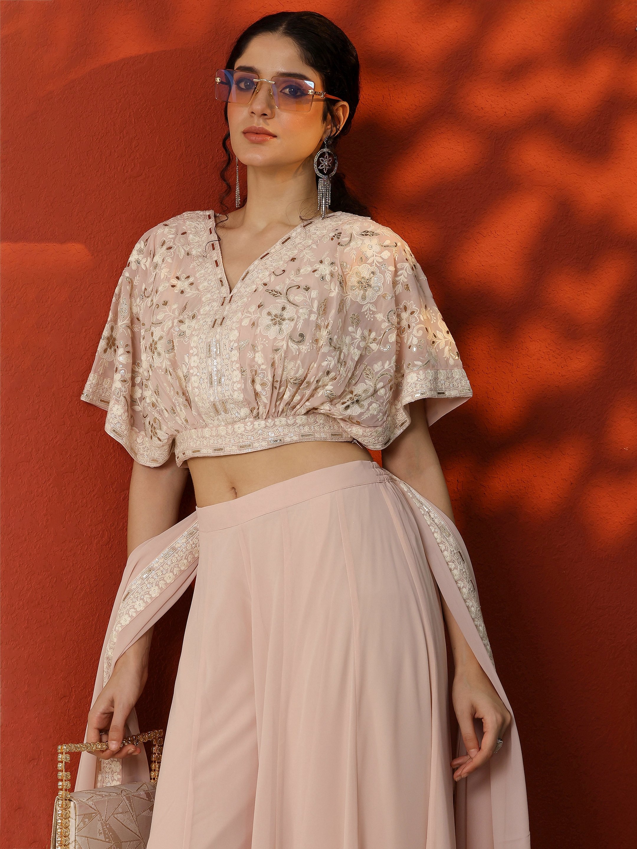 Pink Georgette Embroidered Co-Ord Set