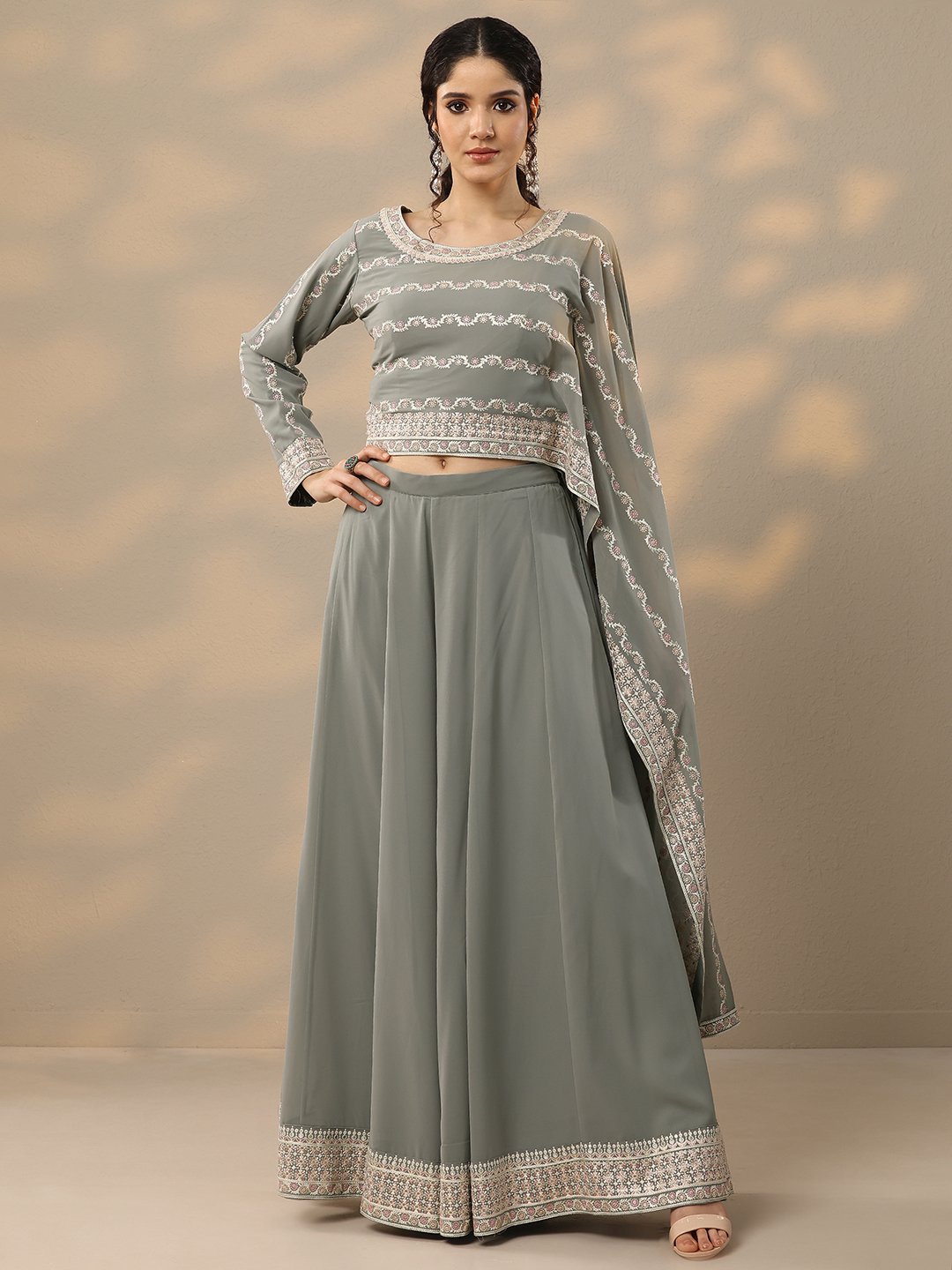 Grey Georgette Embroidered Co-Ord Set