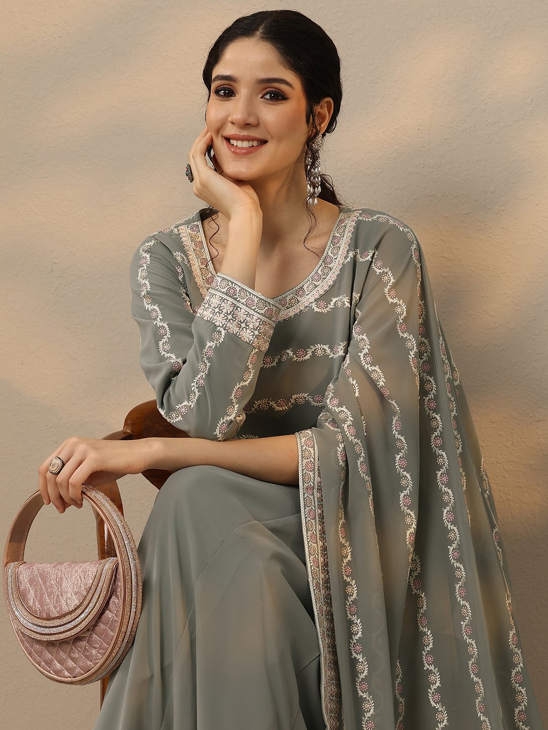 Grey Georgette Embroidered Co-Ord Set