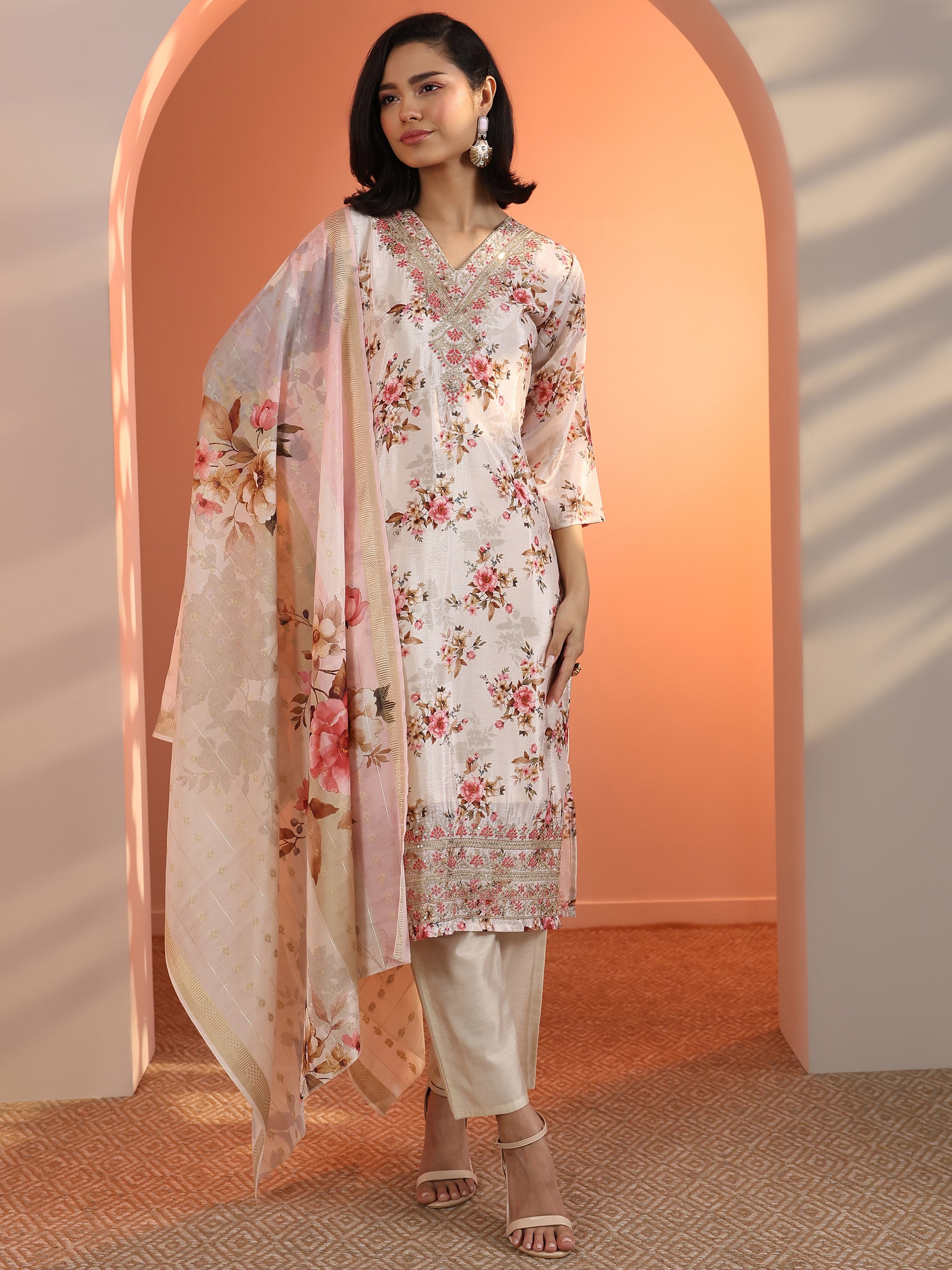 Off White Embroidered Chinon Straight Kurta, Trousers and Dupatta Set