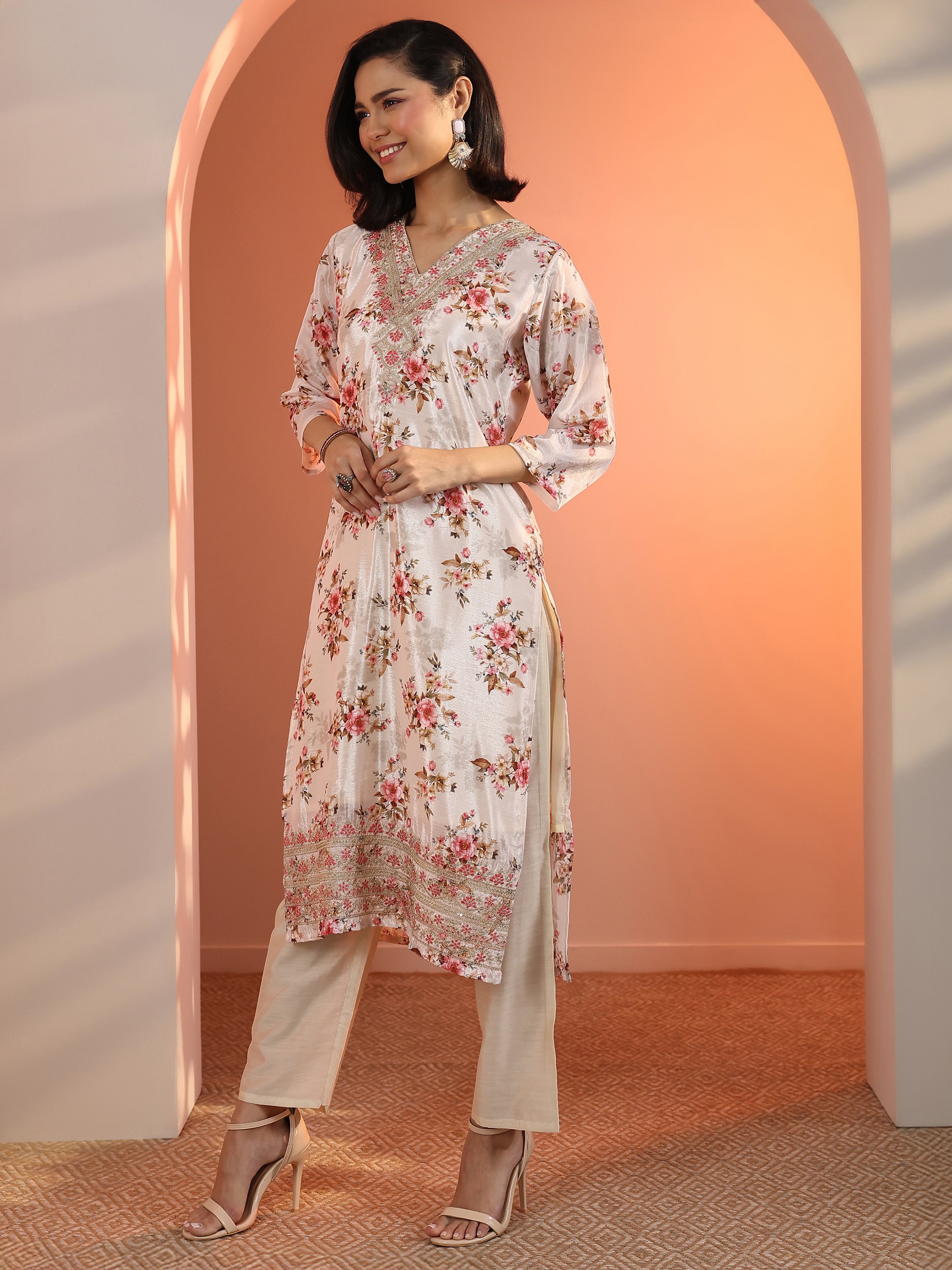 Off White Embroidered Chinon Straight Kurta, Trousers and Dupatta Set