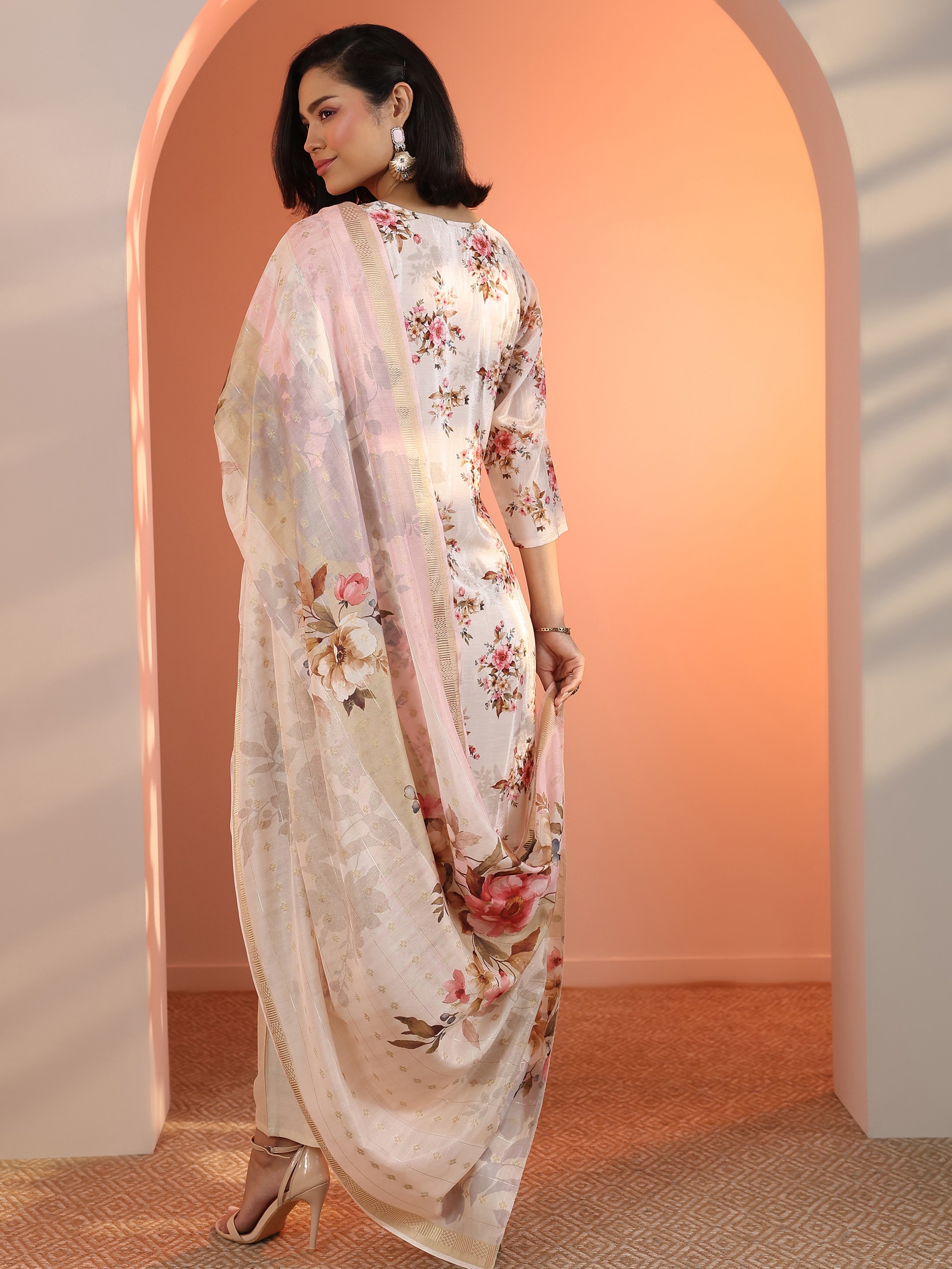Off White Embroidered Chinon Straight Kurta, Trousers and Dupatta Set