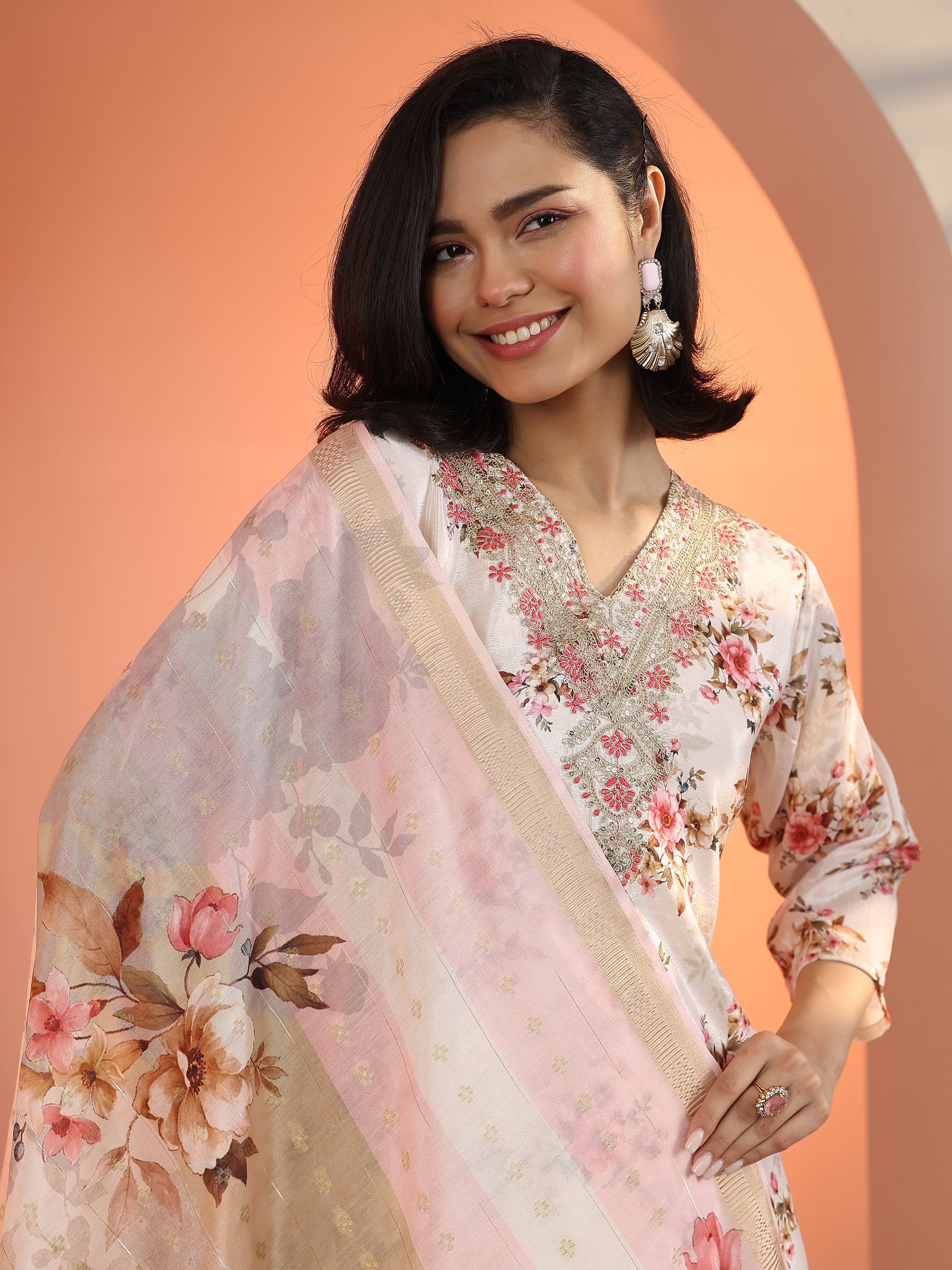 Off White Embroidered Chinon Straight Kurta, Trousers and Dupatta Set