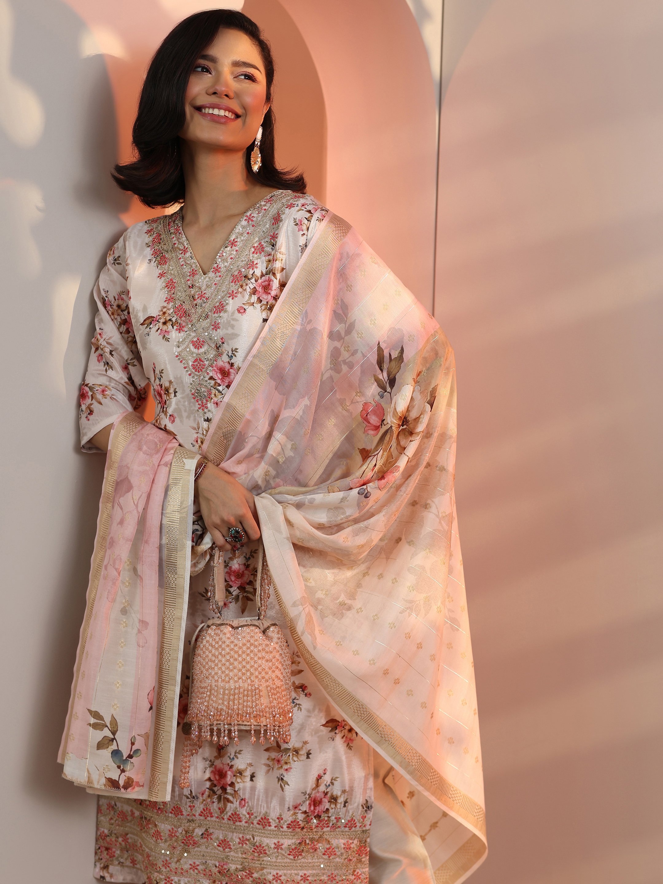 Off White Embroidered Chinon Straight Kurta, Trousers and Dupatta Set