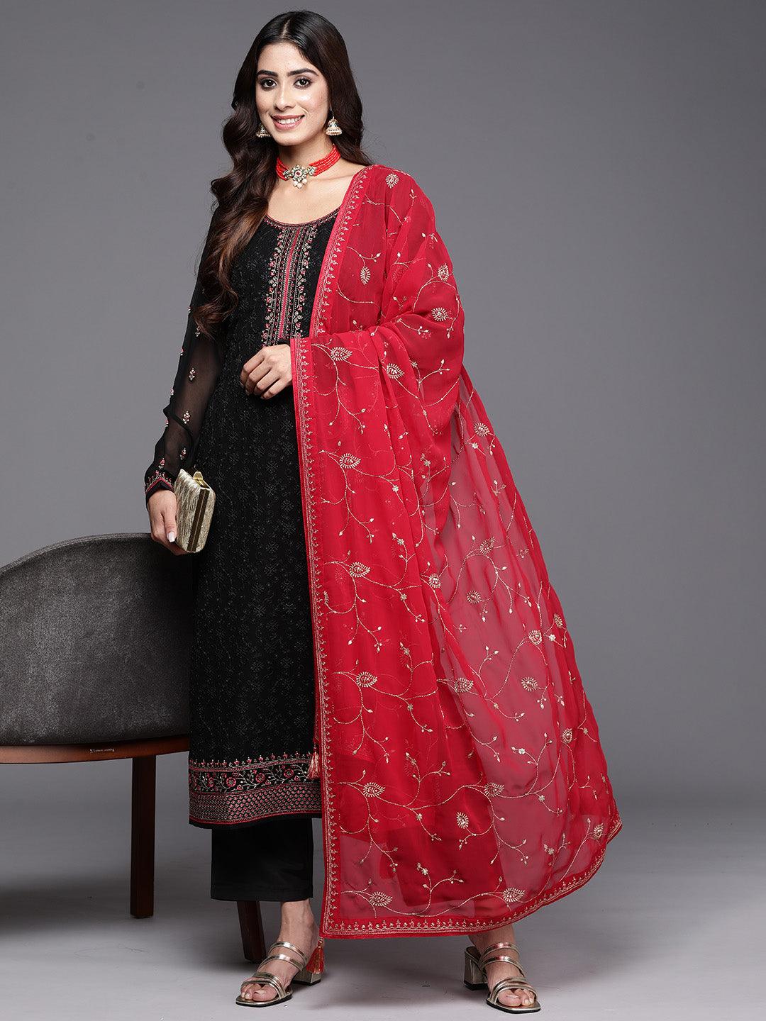 Black Embroidered Georgette Straight Kurta, Trousers and Dupatta Set
